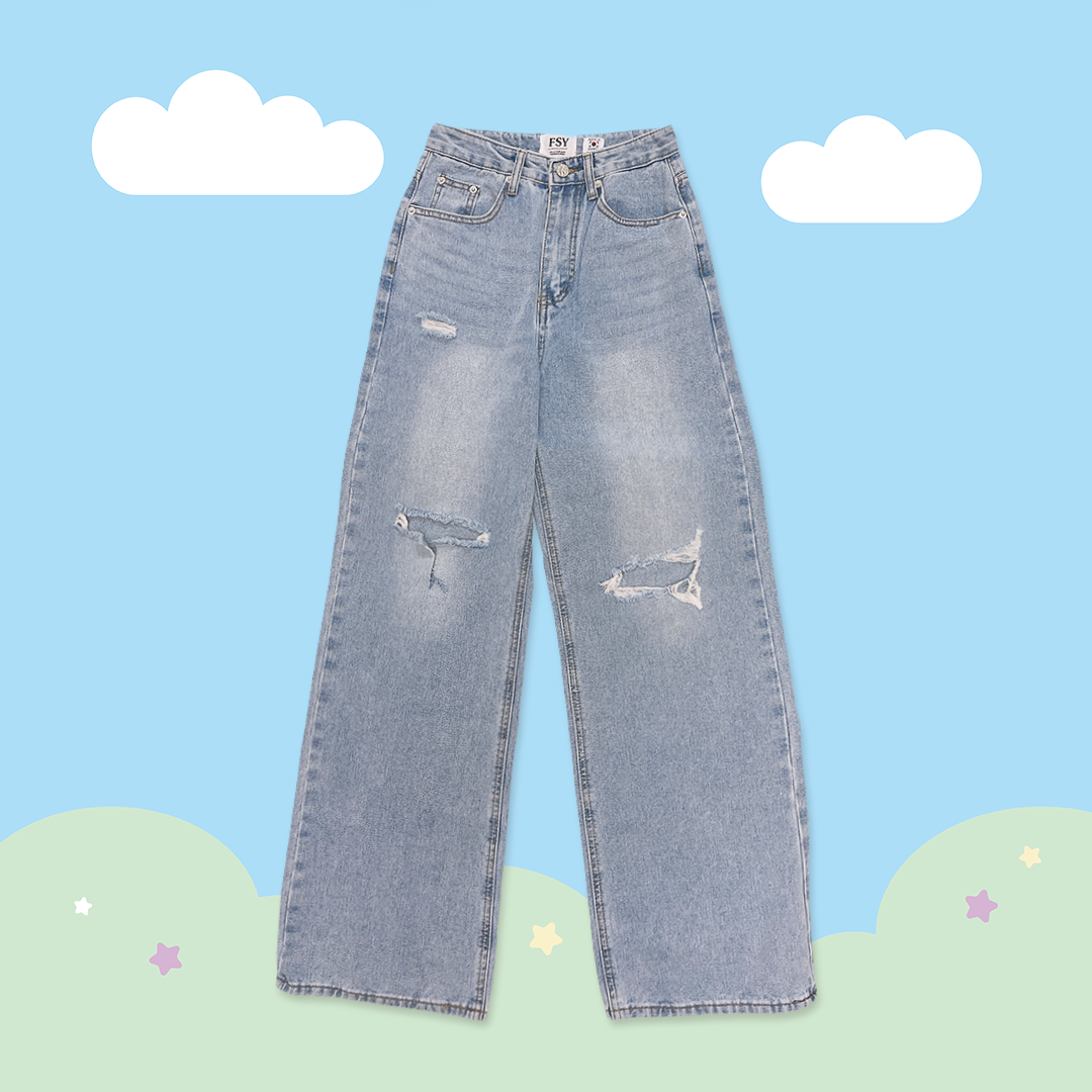 こ♡こ 蝴蝶結緞帶刀割直筒牛仔褲