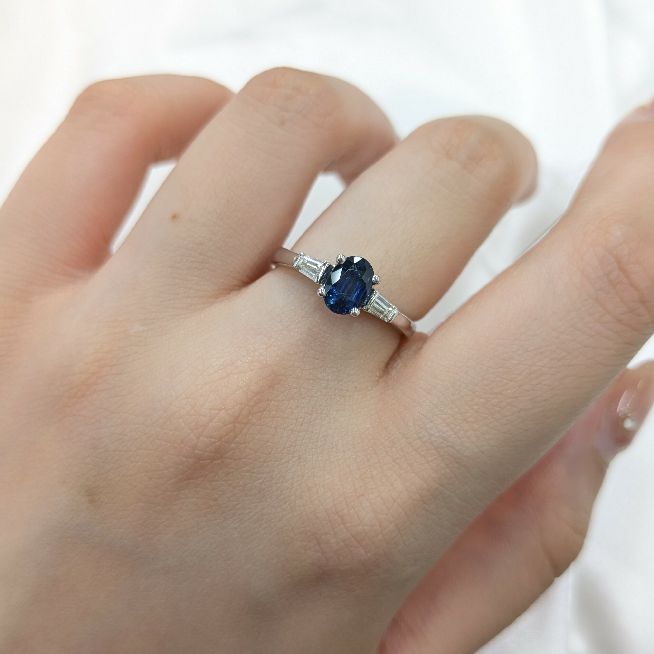 18K White Gold 0.98ct Tapered Cut Sapphire and Diamond Ring