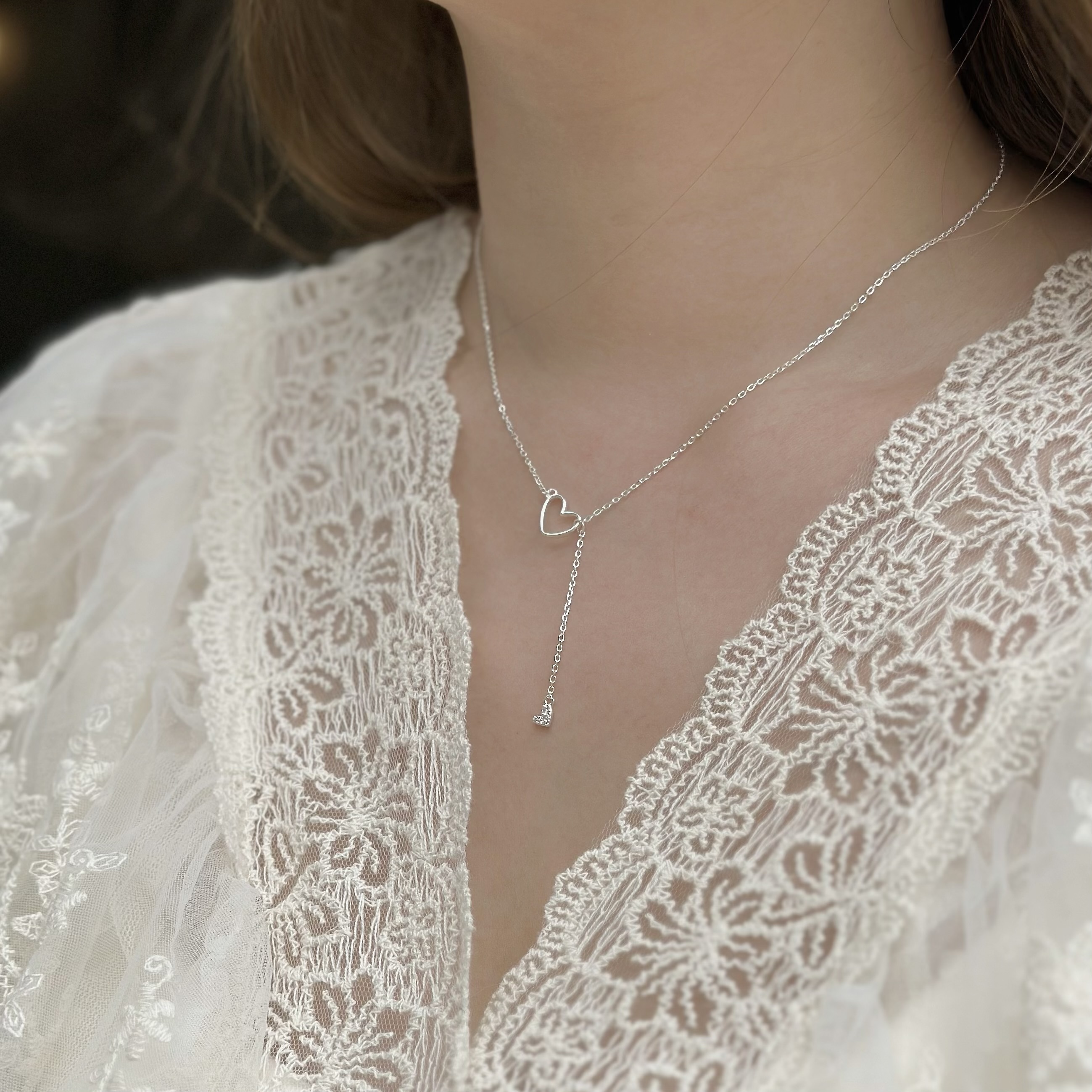 U34鏤空愛心Y字純銀鎖骨鏈