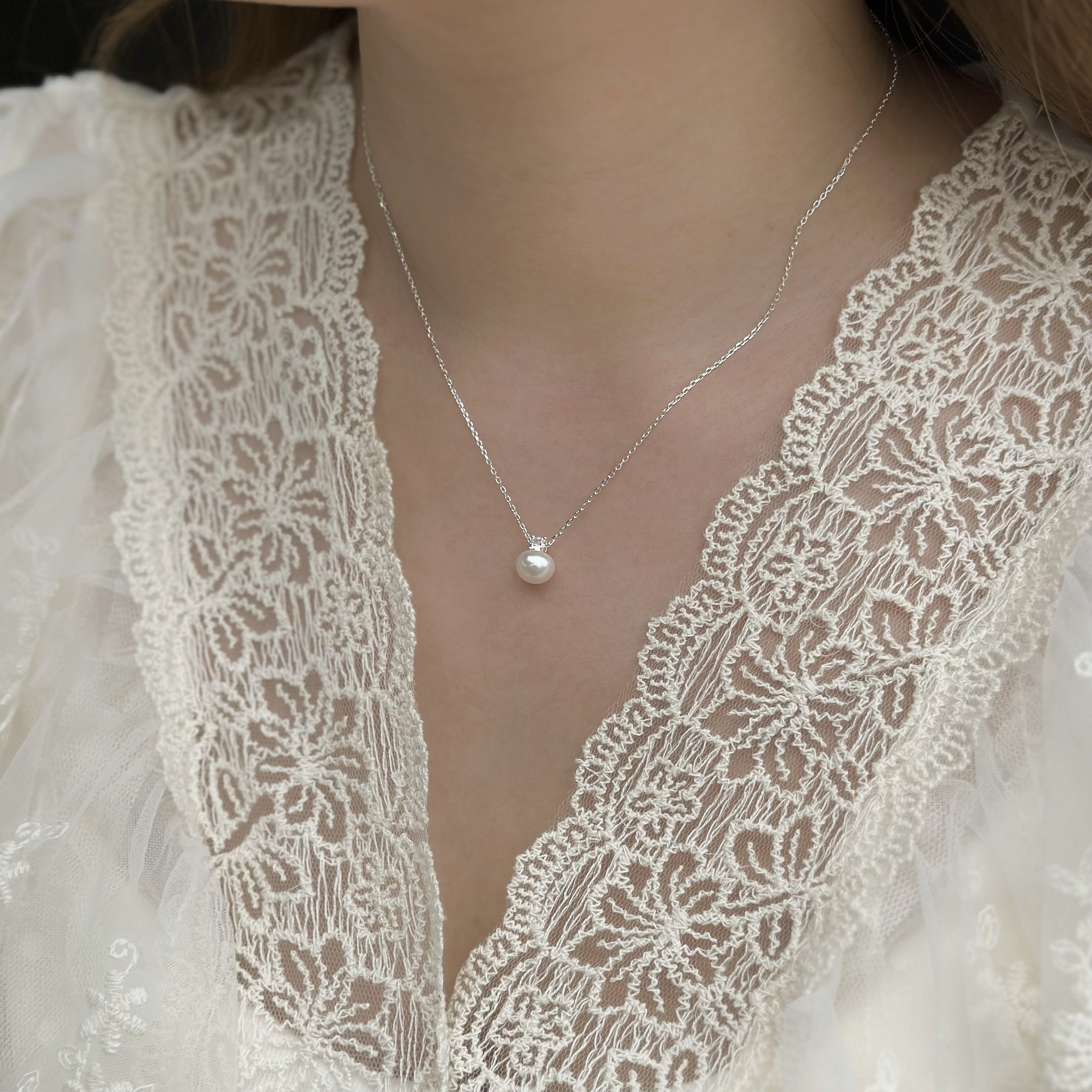 T27清新．珍珠小鑽純銀鎖骨鏈