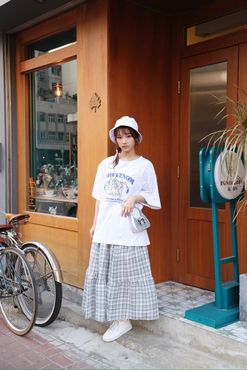 D0273｜日系百搭格紋蛋糕長裙