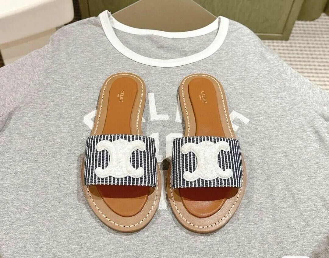 Celine 米白海藍色紋拼色拖鞋 -M