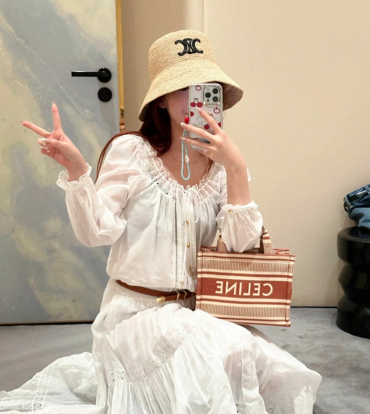 Celine 橙色條紋托特包 -M