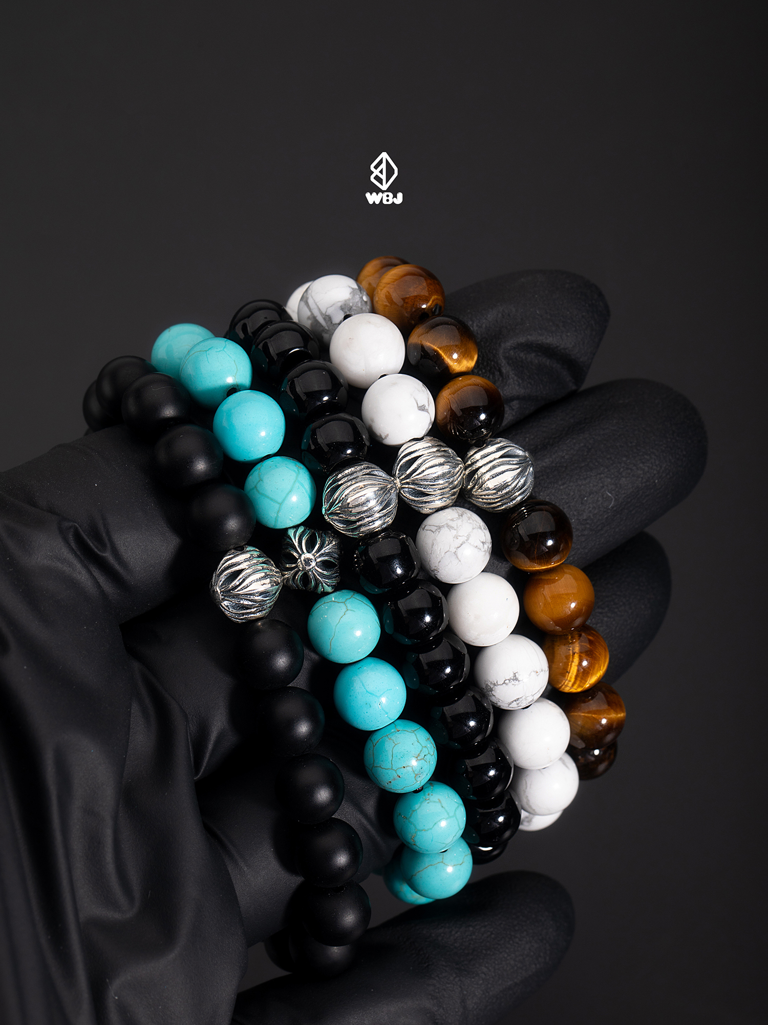 原礦玉石|花蕾銀珠手串|白綠松石/虎眼石/黑曜石/黑瑪瑙/粉貝殼