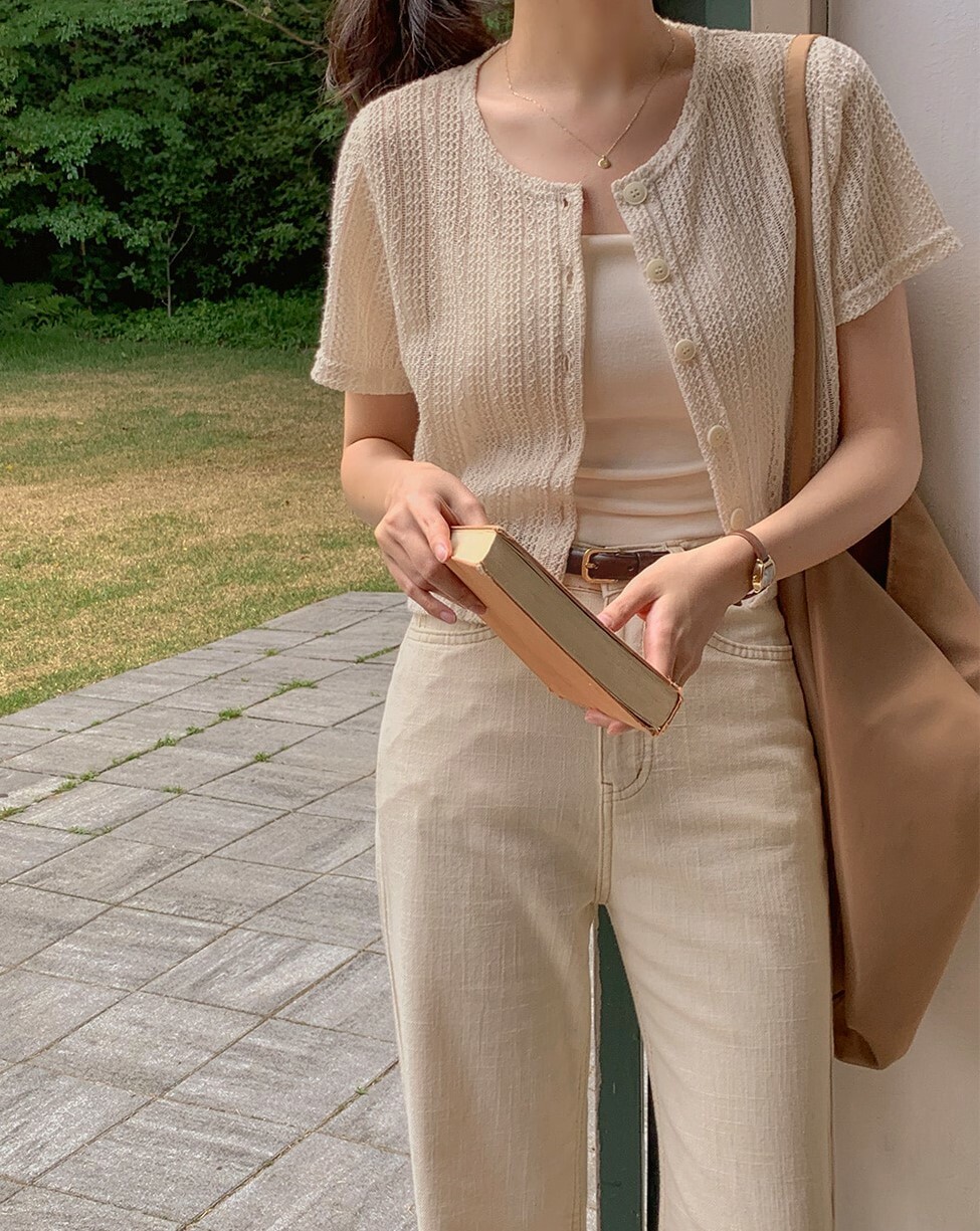 韓國grace muse授權 夏日復古氛圍編織三色排釦衫