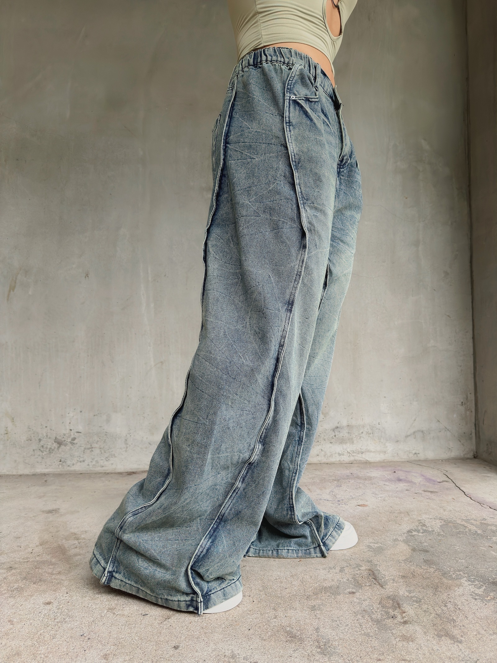 立體線條水洗寬褲