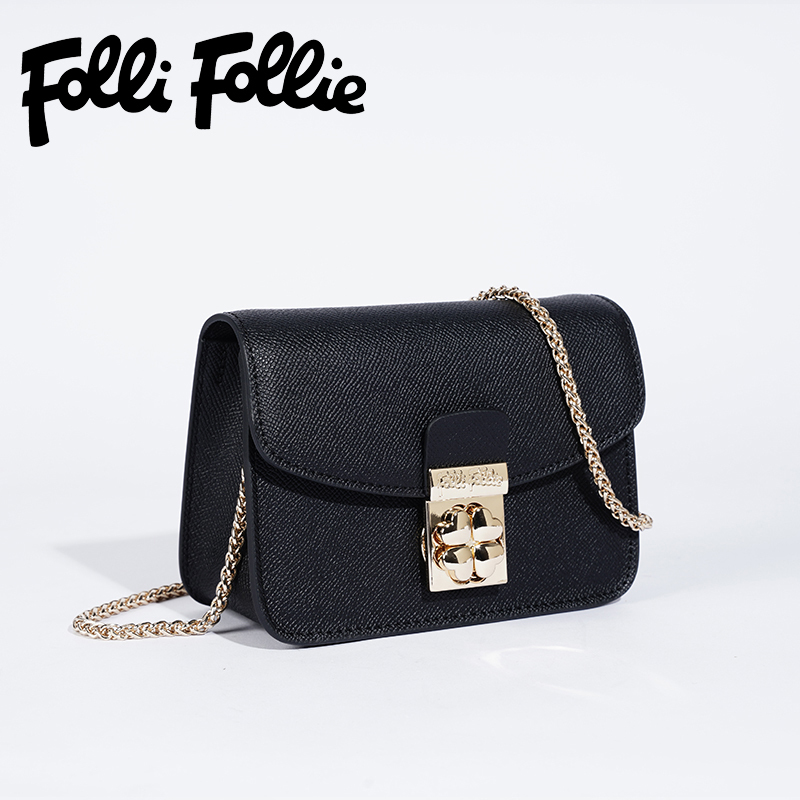 【Folli Follie芙麗芙麗】黑方牛皮幸運肩鍊包 旋轉四葉草轉扣