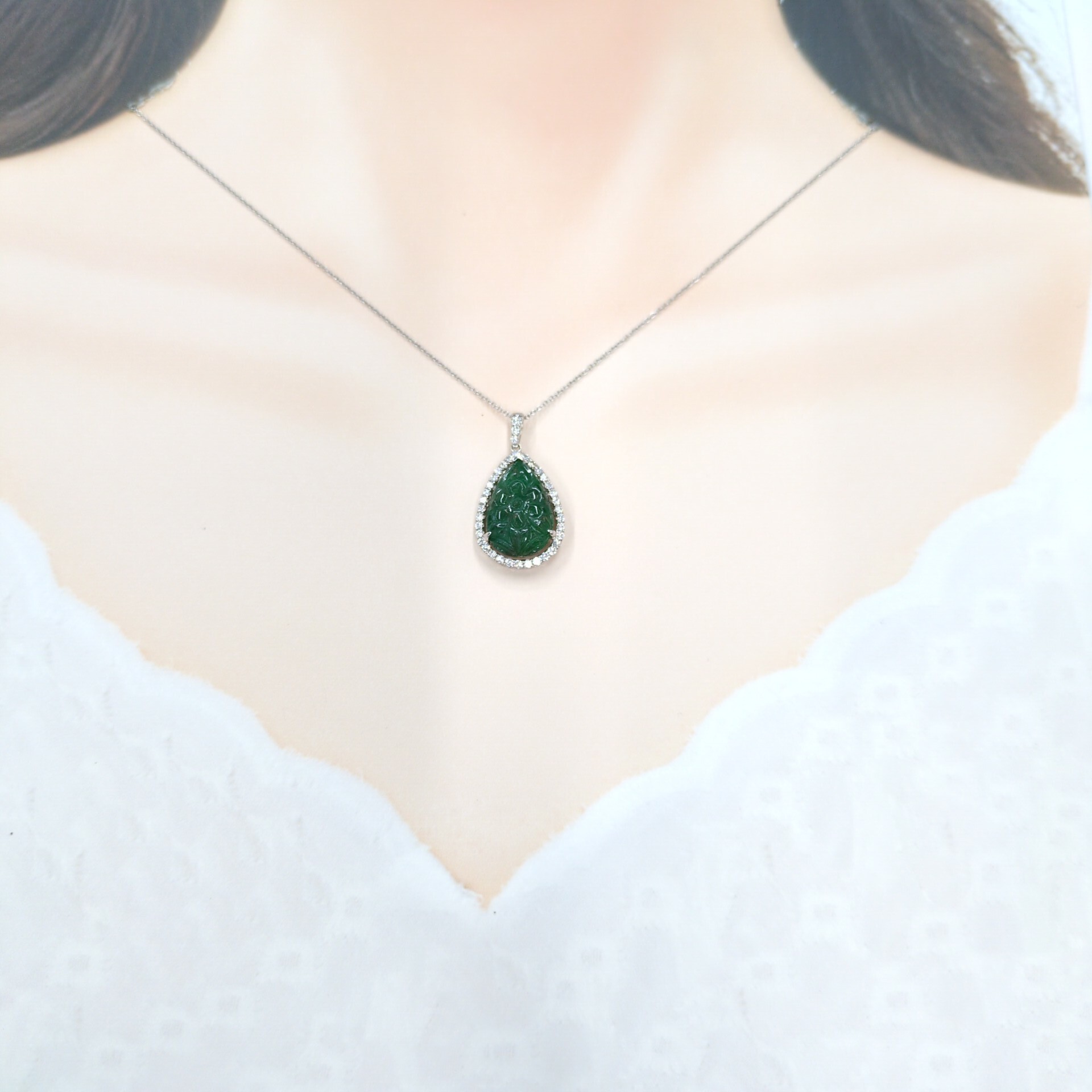 18K White Gold 5.97ct Emerald and Diamond Pendant