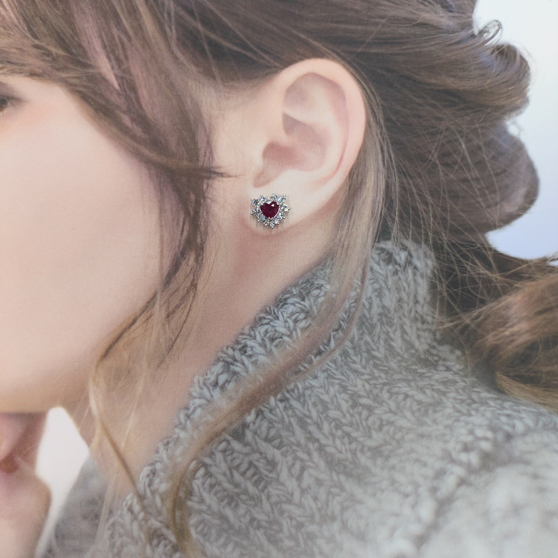 18K White Gold 2.23ct Heart Shaped Ruby and Diamond Earring