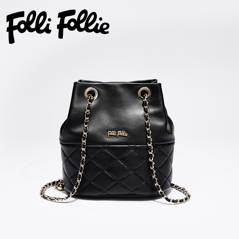【Folli Follie芙麗芙麗】黑菱格金球羊皮水桶包 鍊條含調節金球