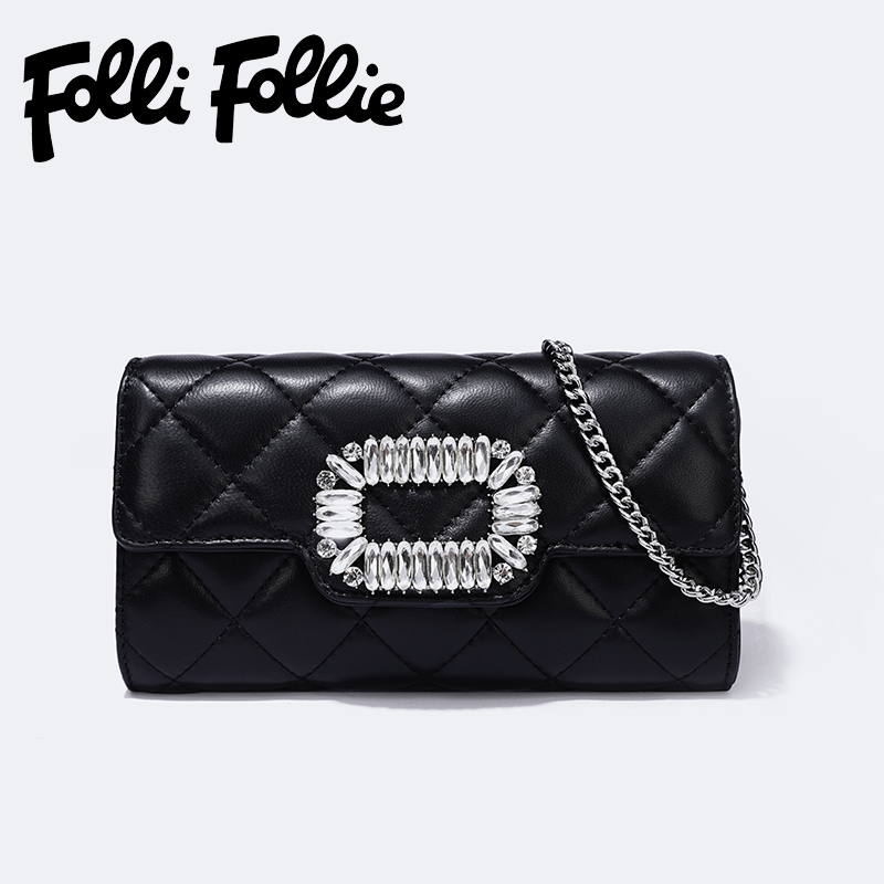 【Folli Follie芙麗芙麗】黑菱格羊皮肩鍊包 可調節鍊條