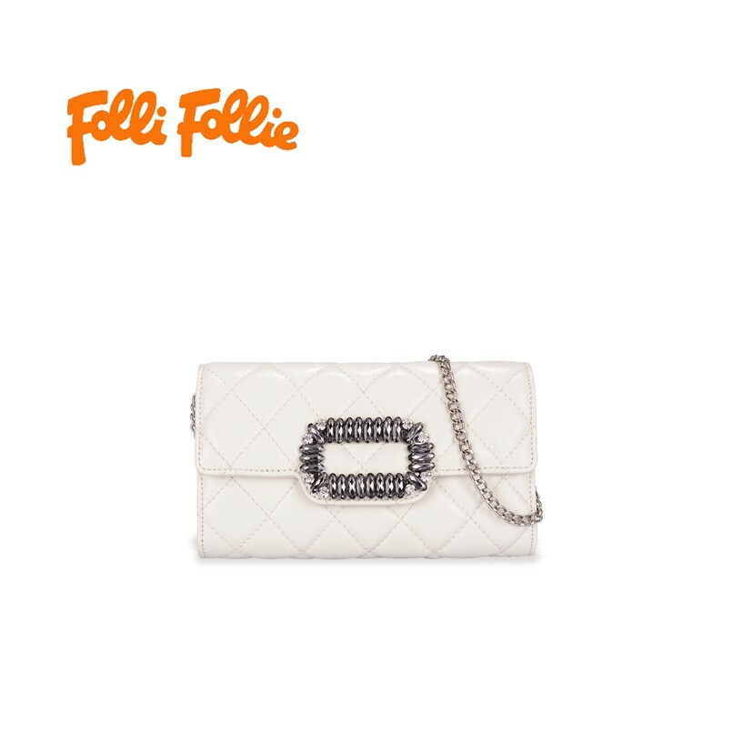 【Folli Follie芙麗芙麗】白菱格羊皮肩鍊包 可調節鍊條-