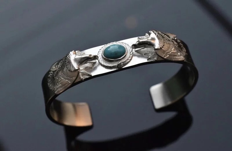 LIFE系列 雙銀老鷹銀繩松石平打手鐲