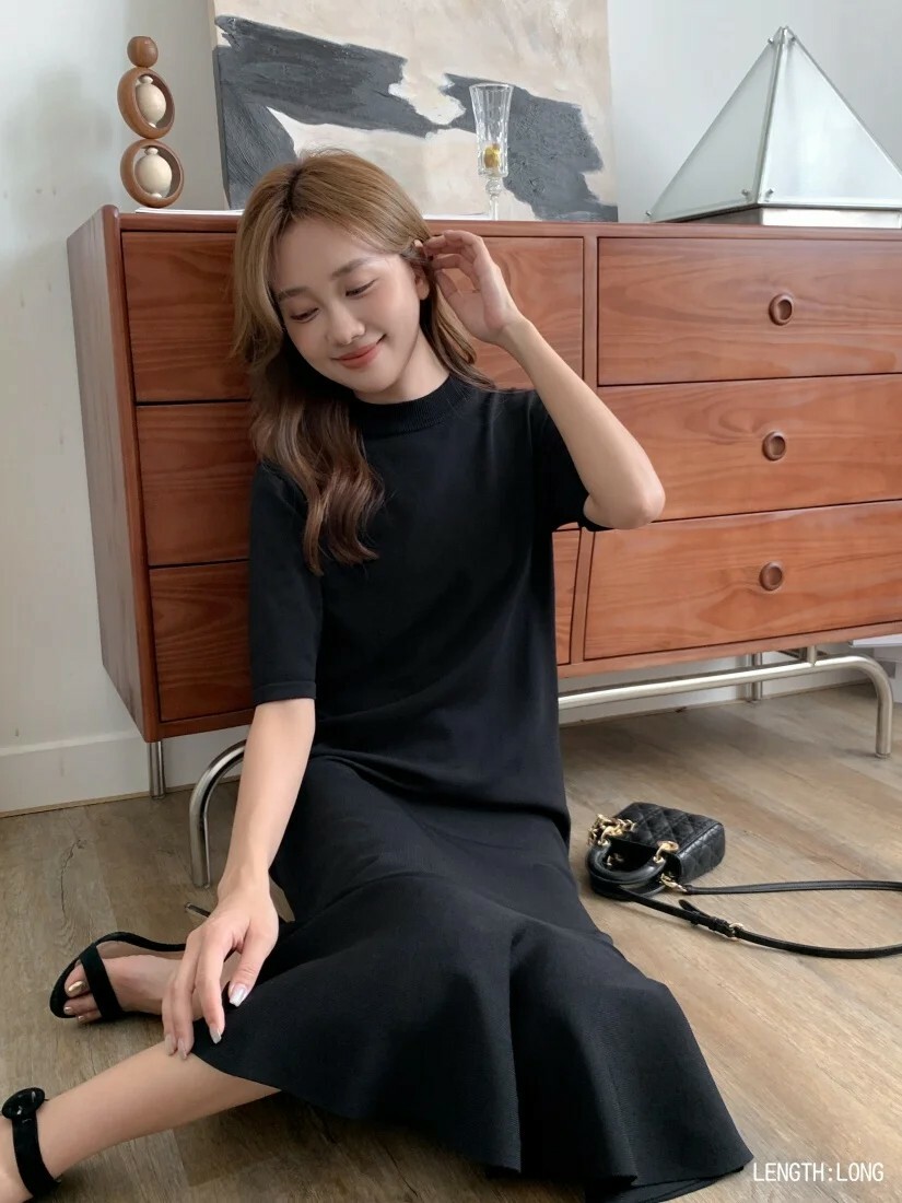 法式女子經典黑拼接魚尾圓領長洋裝S-L / 2款 (Elegant & Love)