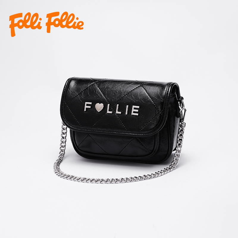 【Folli Follie芙麗芙麗】黑牛皮漆皮鍊帶包-