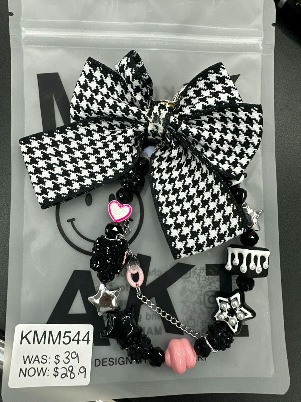 [S] MAKOMAKI RIBBON WITH DANGLING CHARM,BLACK/WHITE, SMMK80 (SMMK80)