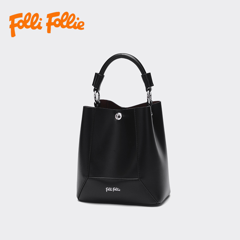 【Folli Follie芙麗芙麗】黑牛皮水桶子母包-