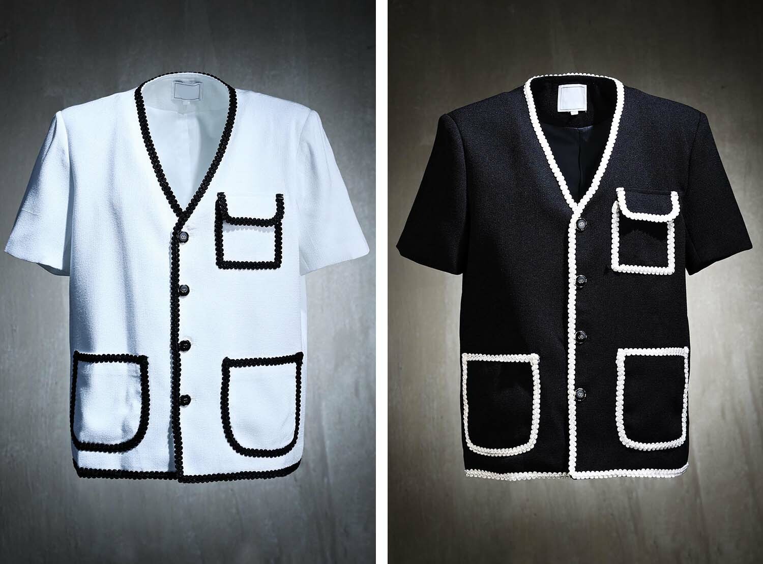 花呢拼色線條短袖外套