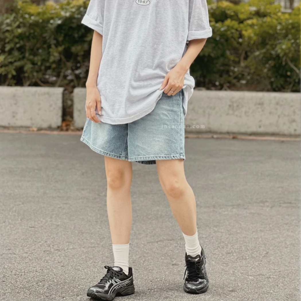 MOI 寬版 牛仔 短褲 高腰 膝上褲