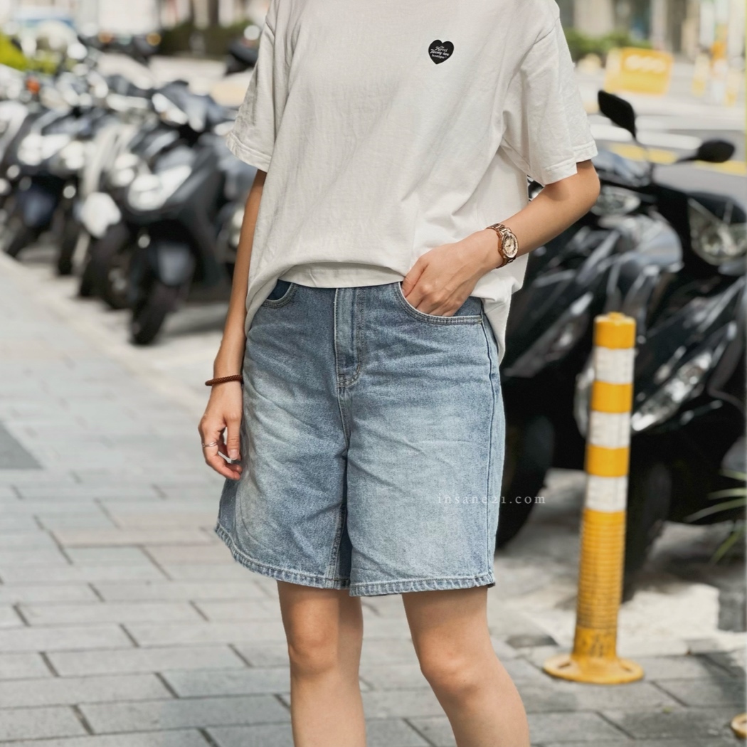 MOI 寬版 牛仔 短褲 高腰 膝上褲