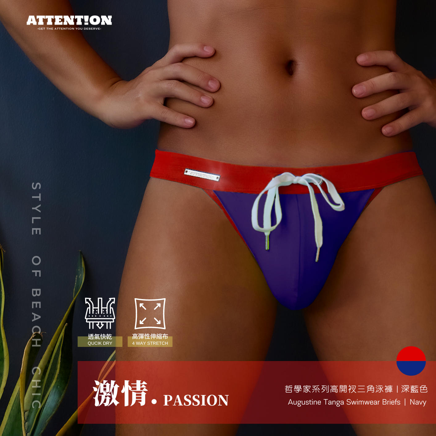 【紅深藍色-柏拉圖款】哲學家系列高開衩三角泳褲