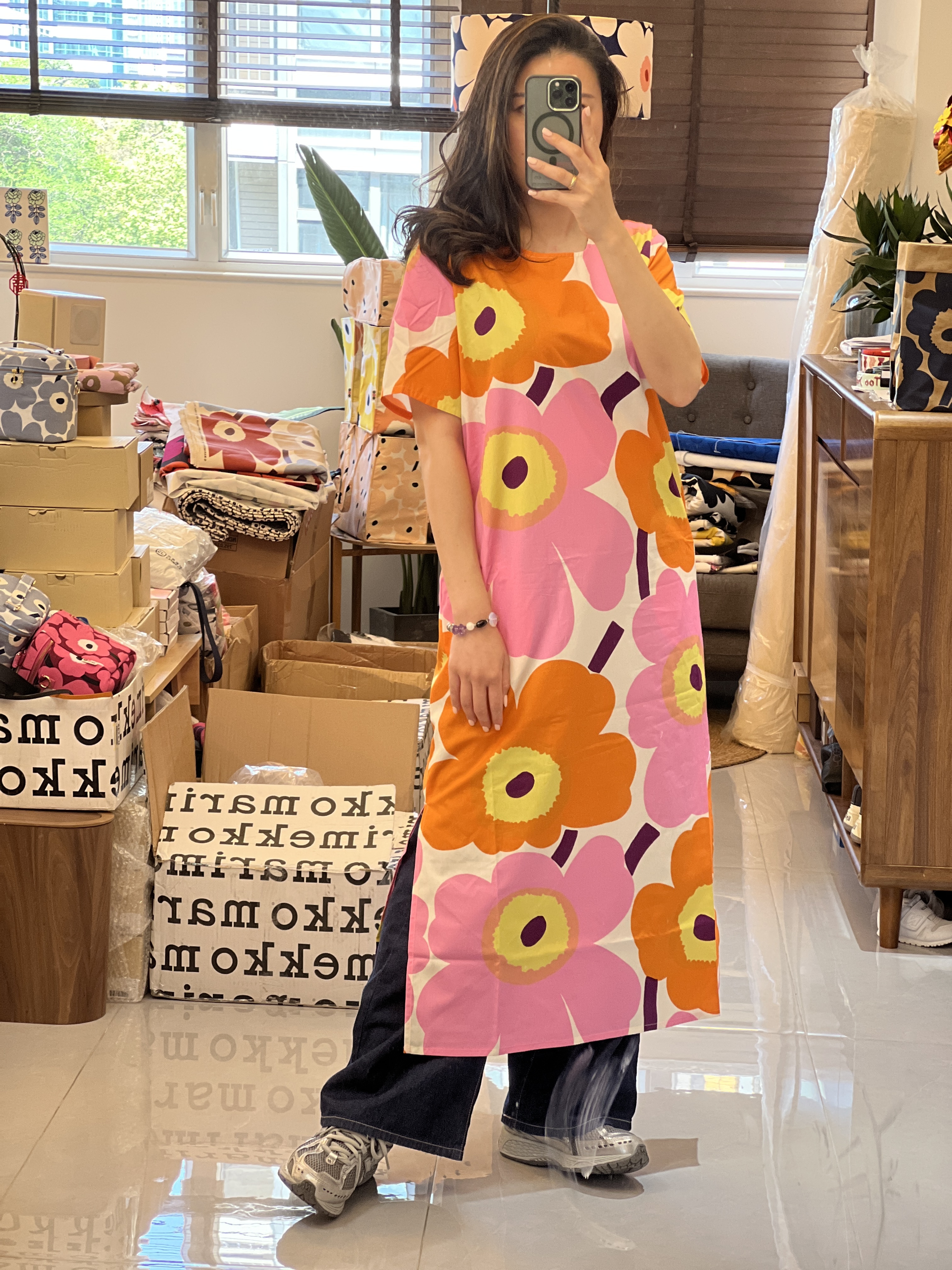 代購現貨 |Marimekko Pink x orange unikko圓領連身裙 | KELLOTUS UNIKKO DRESS