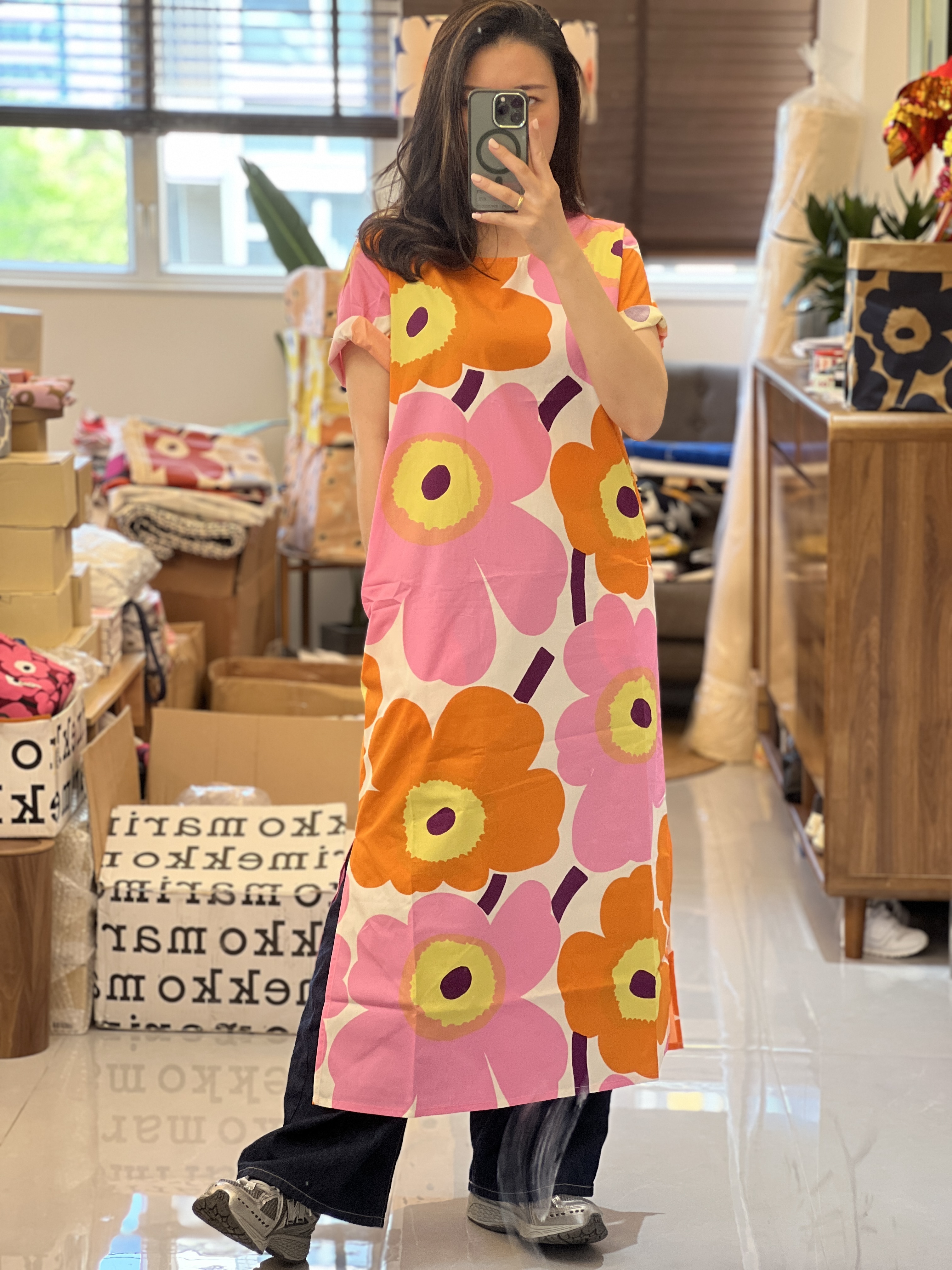 代購現貨 |Marimekko Pink x orange unikko圓領連身裙 | KELLOTUS UNIKKO DRESS