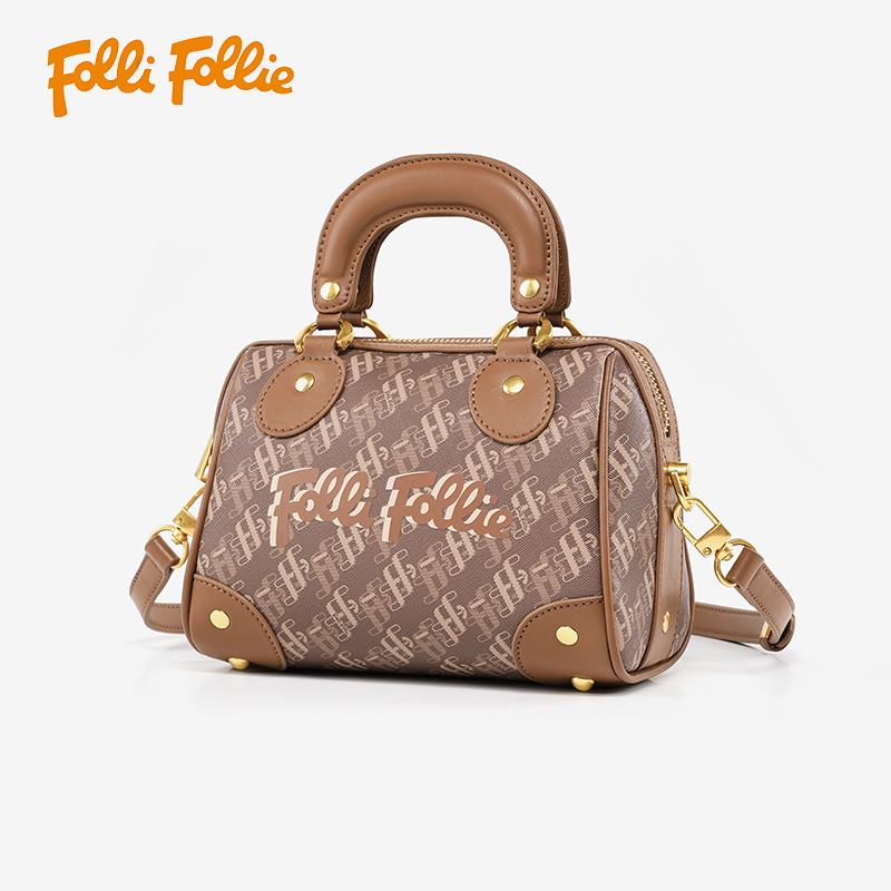 【Folli Follie芙麗芙麗】咖牛皮老花手提枕頭包