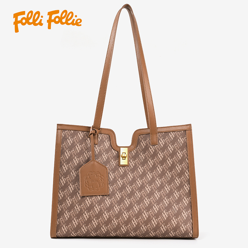 【Folli Follie芙麗芙麗】咖牛皮老花U口托特包-