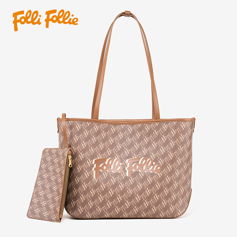 【Folli Follie芙麗芙麗】咖牛皮老花經典托特包-
