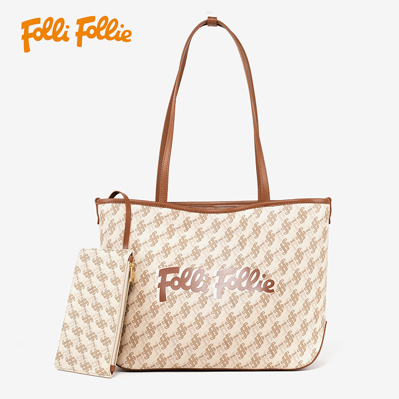 【Folli Follie芙麗芙麗】米牛皮老花經典托特包-