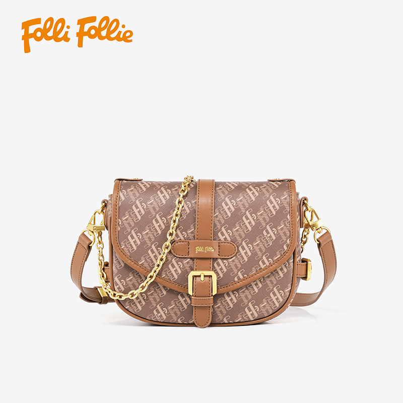 【Folli Follie芙麗芙麗】咖牛皮老花馬鞍包