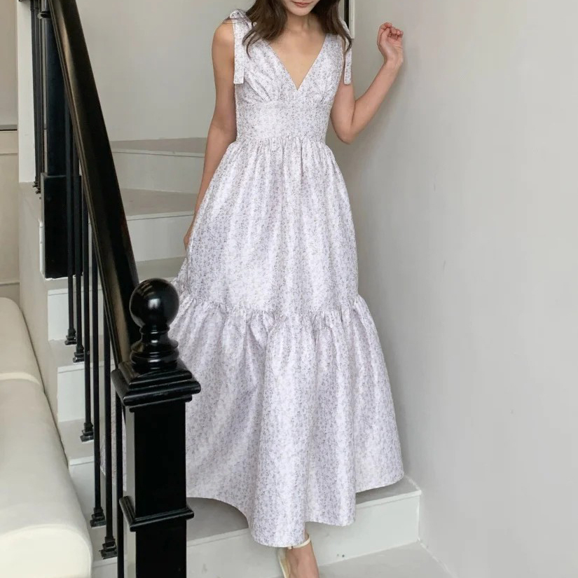 配色小碎花雙肩綁帶蝴蝶結蛋糕長洋裝S-M (Elegant & Love)