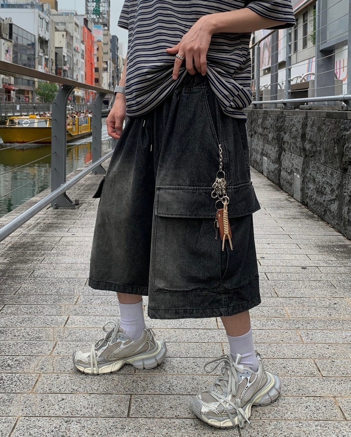 水洗七分牛仔工裝褲