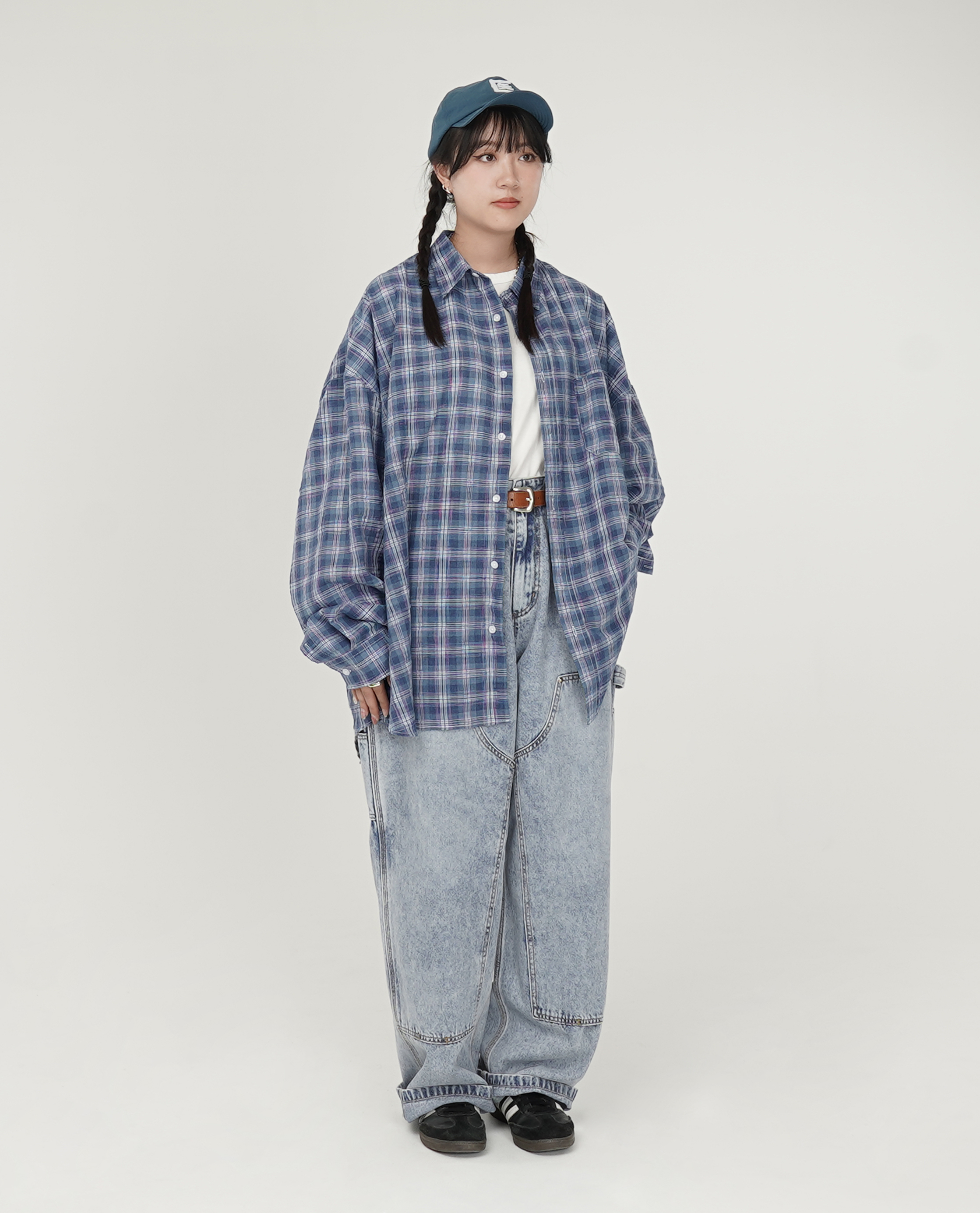 雙層膝補釘漂色寬直筒牛仔