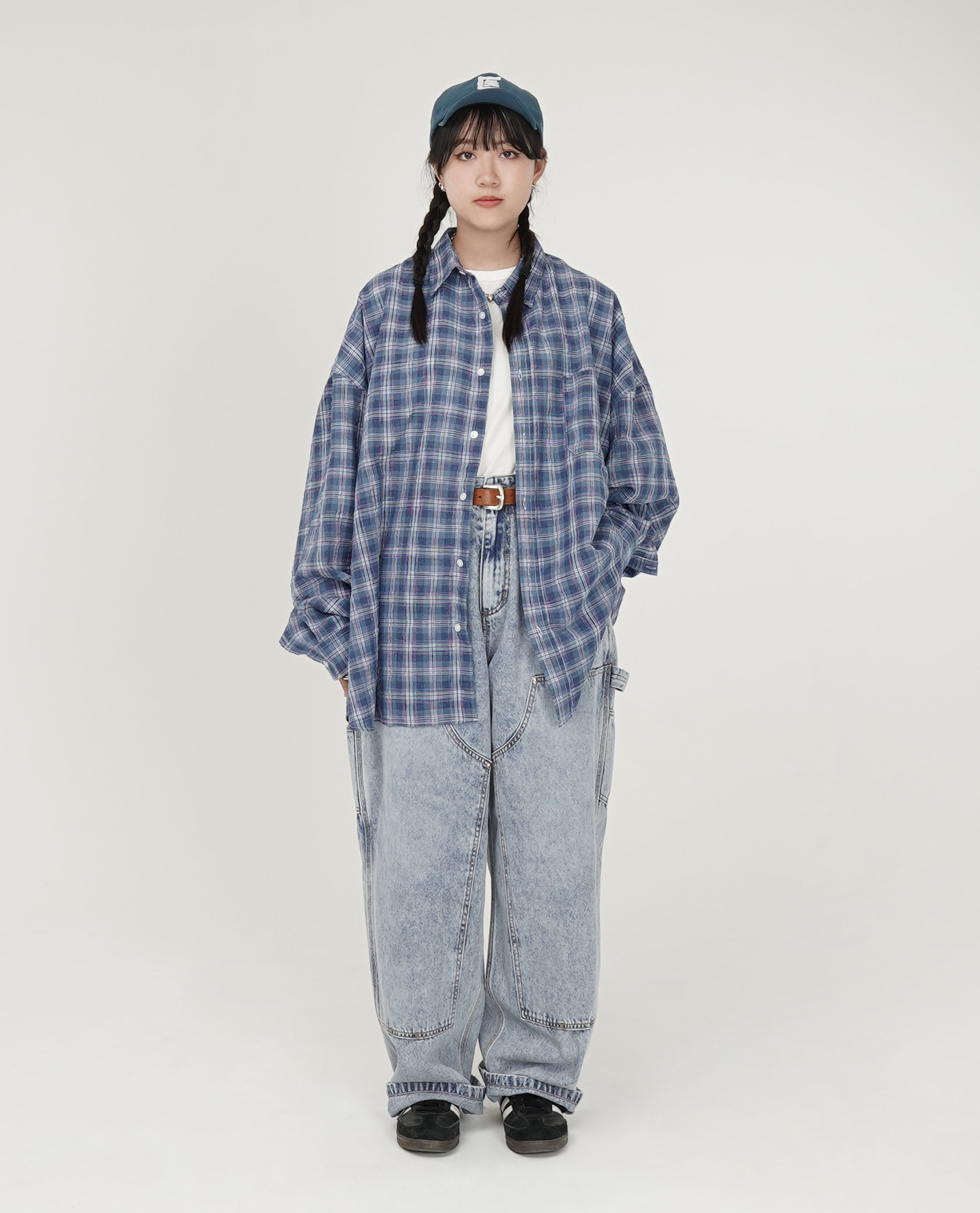 雙層膝補釘漂色寬直筒牛仔