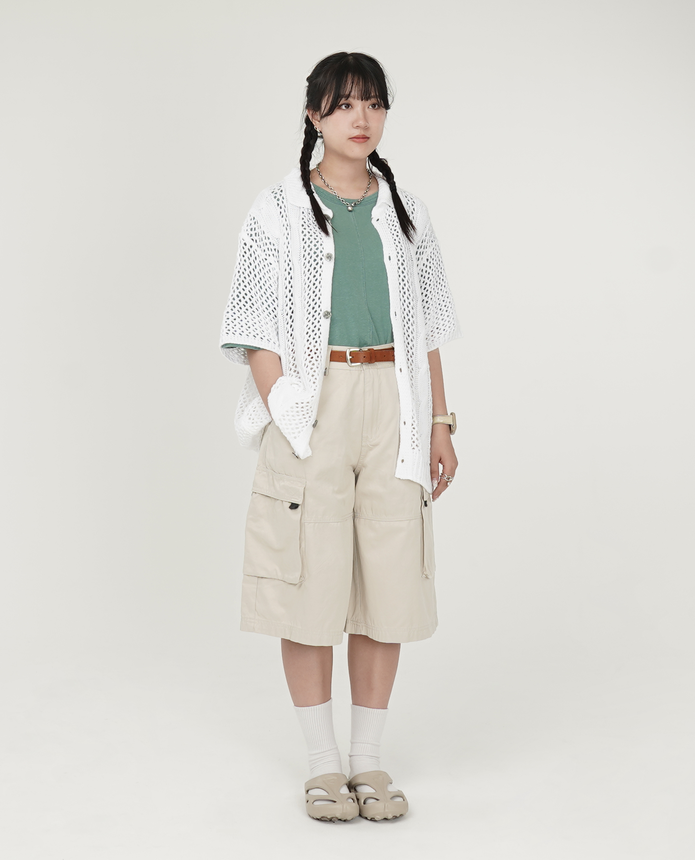 高腰膝下工作短褲