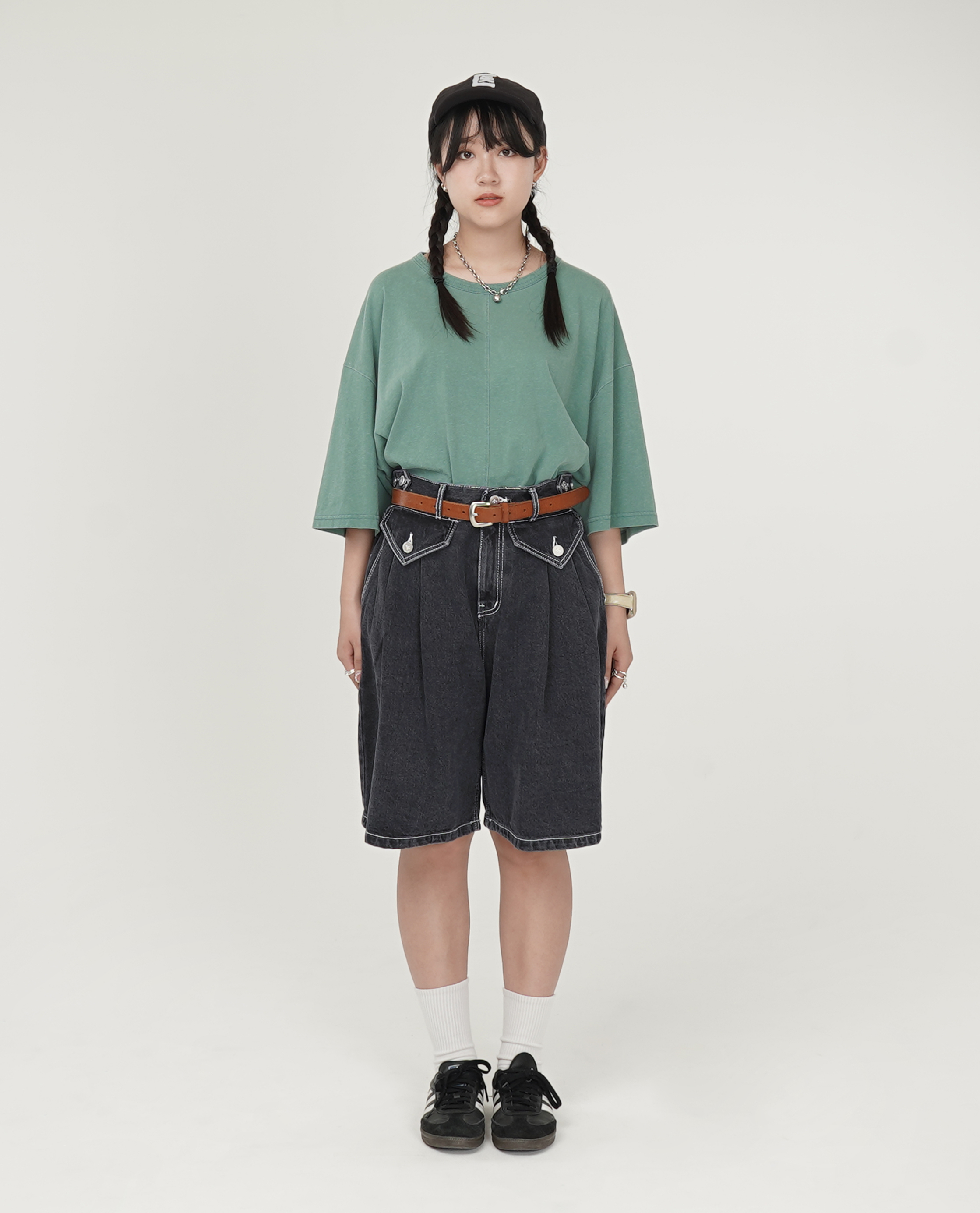 前打摺翻蓋口袋膝下牛仔