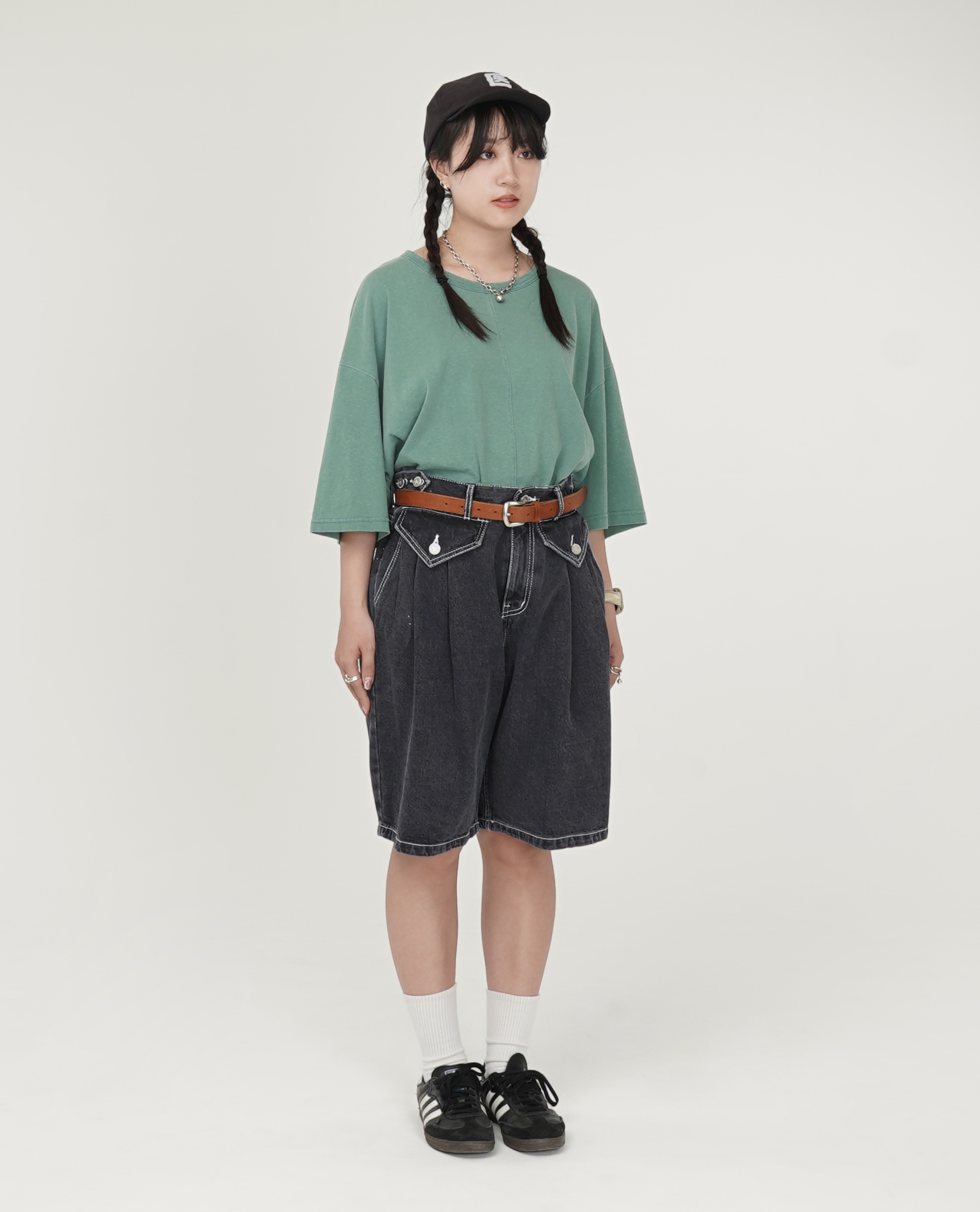 前打摺翻蓋口袋膝下牛仔