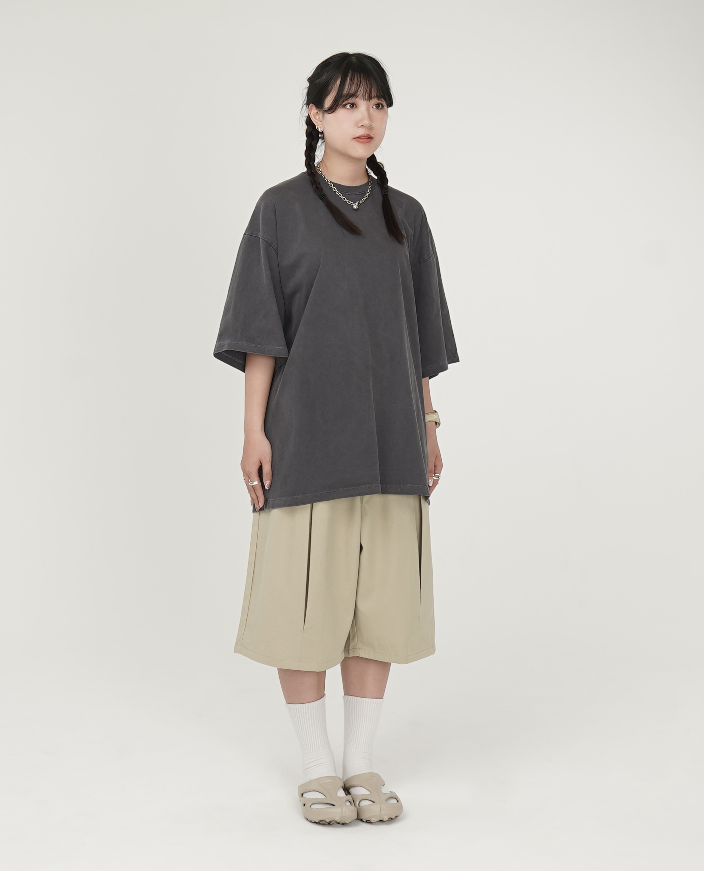 腰可調前開衩膝下休閒褲