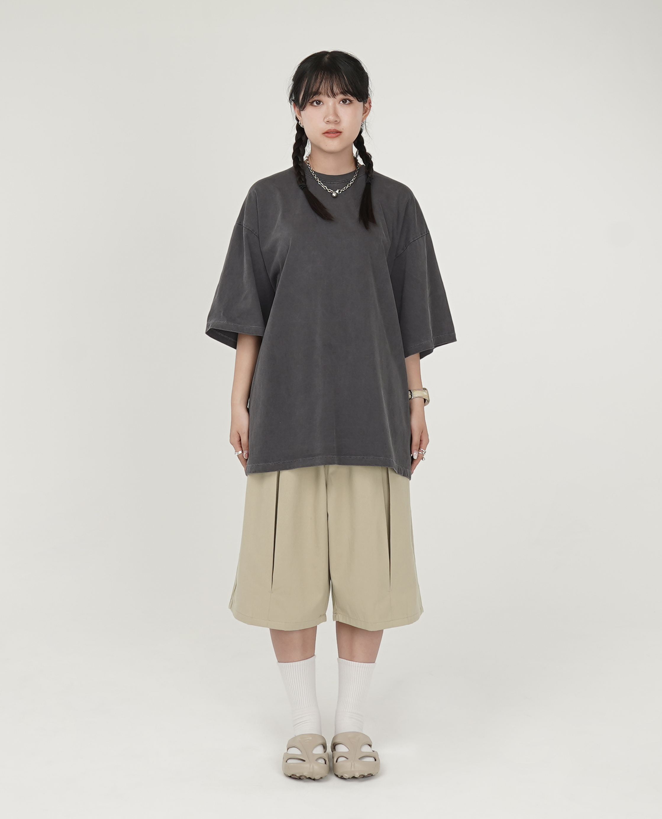 腰可調前開衩膝下休閒褲