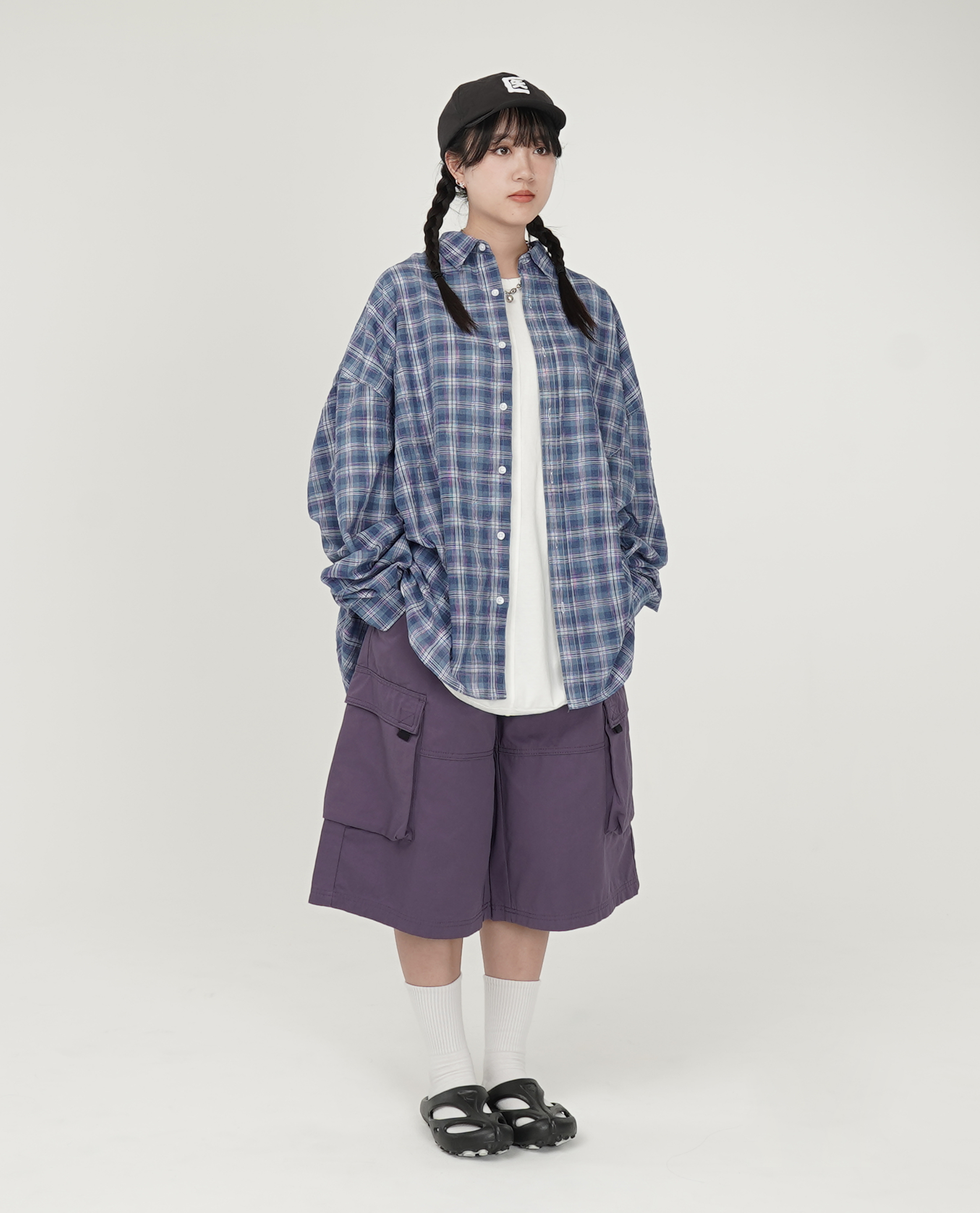 薄料細格紋長袖襯衫