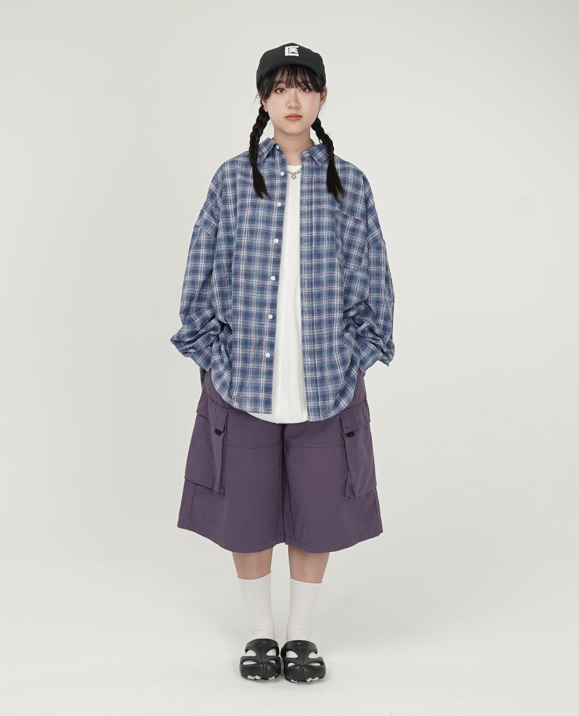 薄料細格紋長袖襯衫