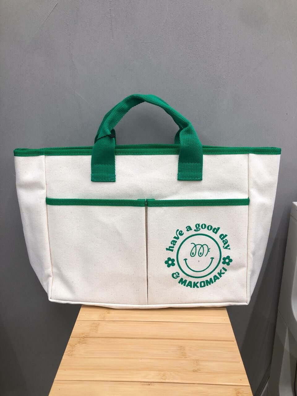 [S] MAKOMAKI DOUBLE POCKET TOTE BAG,IVORY/GREEN, SMMK115 (SMMK115)