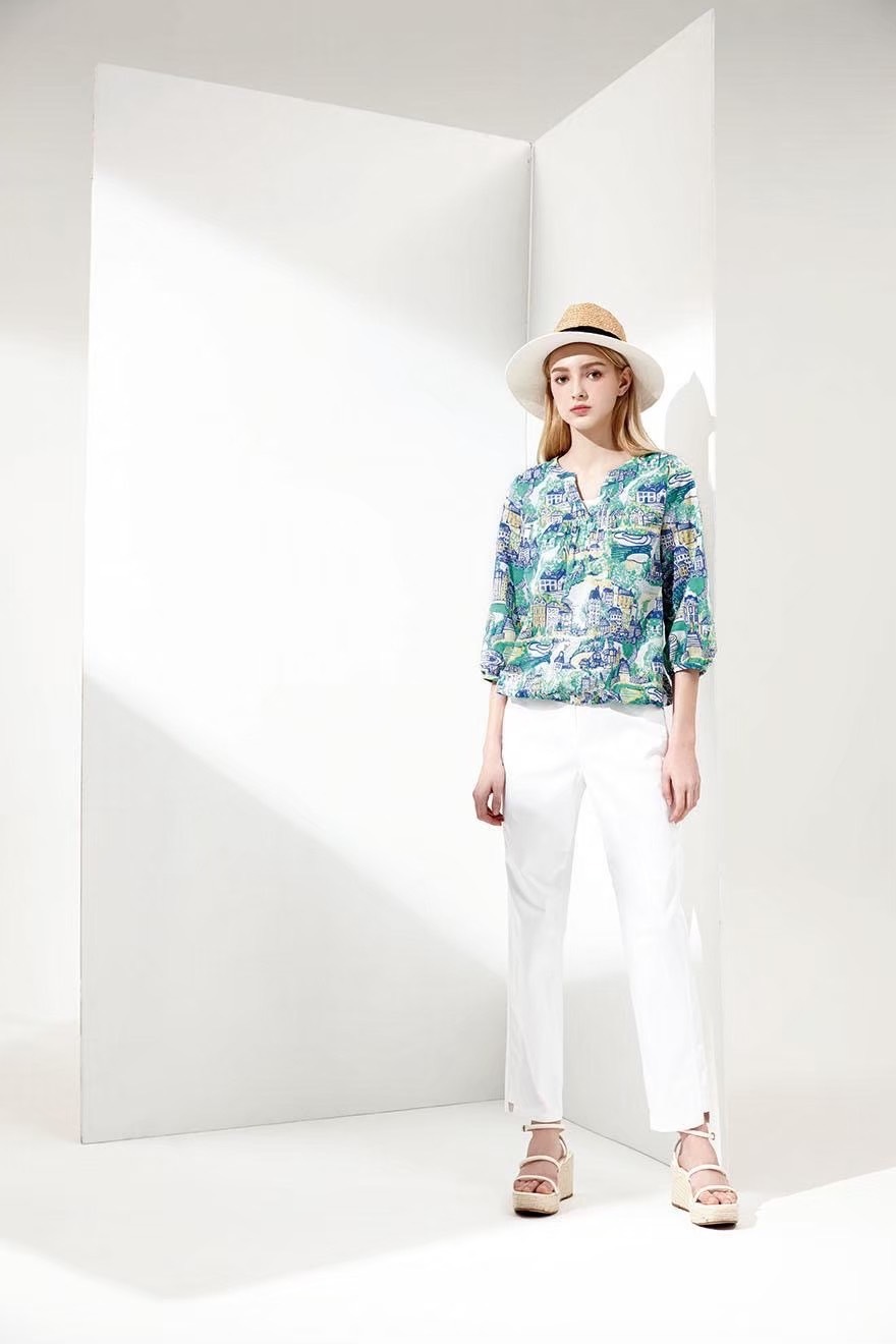 韓版時尚色印花領口造型假兩件設計修身上衣U6211