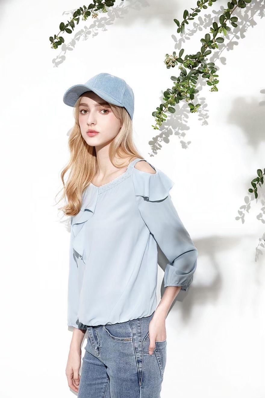 韓版甜美雪紡單肩荷葉邊露肩造型設計修身上衣U6591
