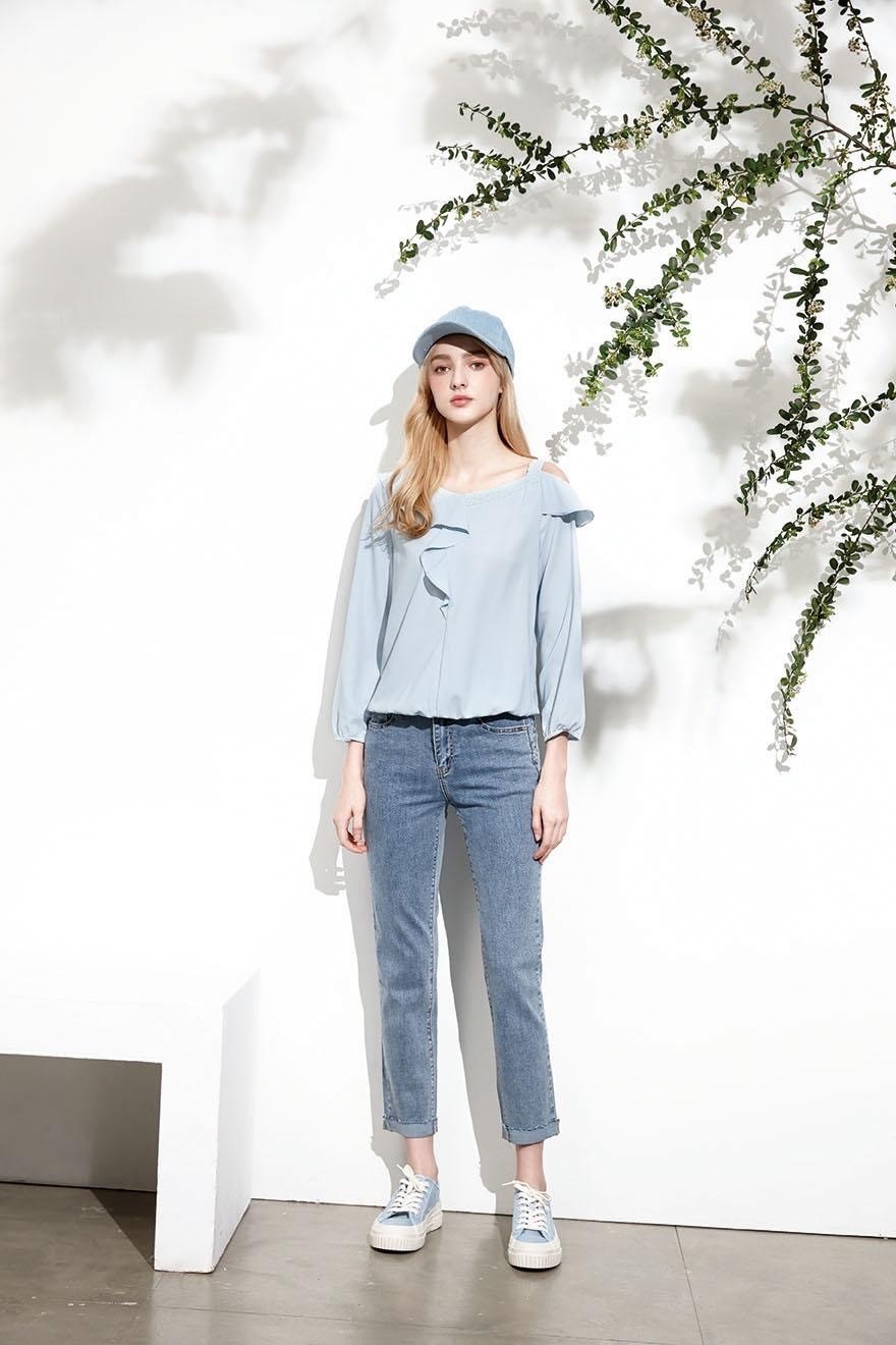 韓版甜美雪紡單肩荷葉邊露肩造型設計修身上衣U6591