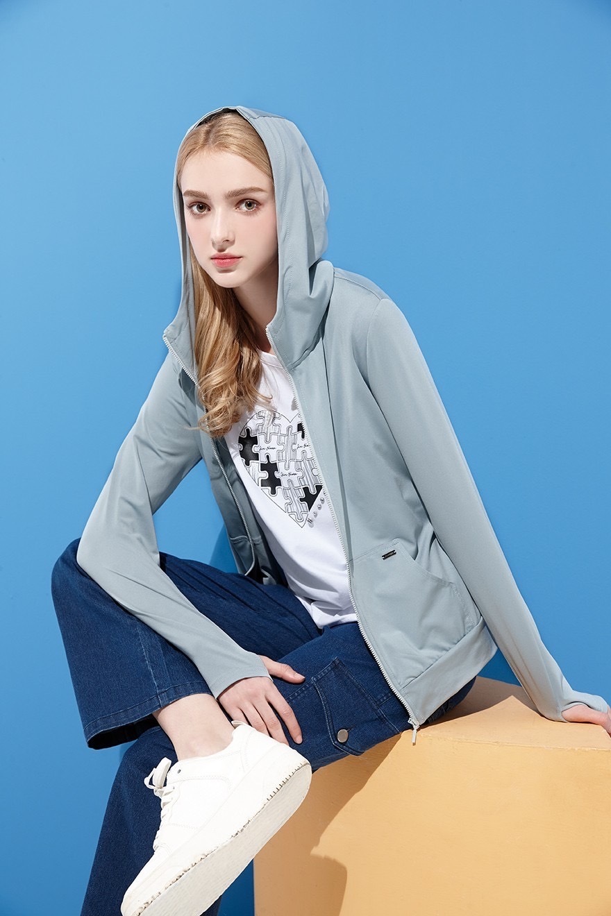 機能布（吸濕排汗抗紫外線）袖口防曬造型連帽運動休閒外套U6771