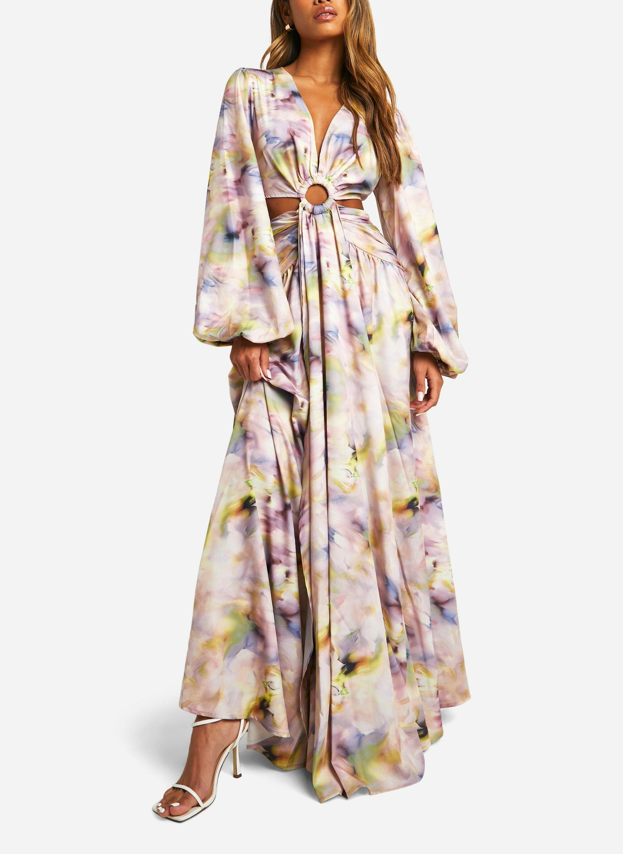 llusion Vibes 煥彩色暈染印花v泡袖圈環 Maxi Dress