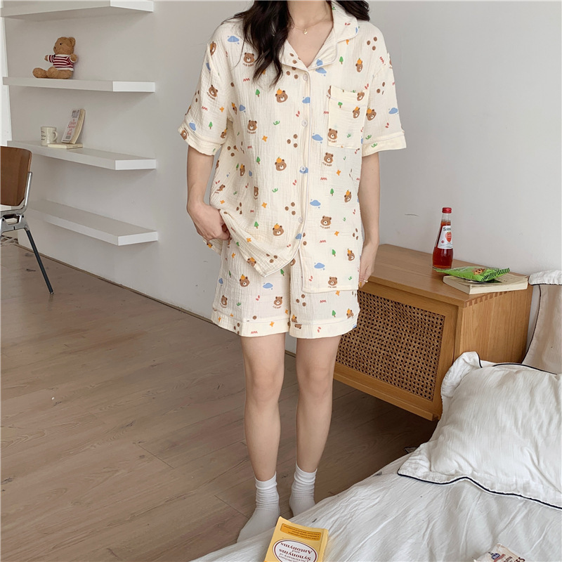 《4340》可愛橘子小熊碎花棉紗居家套裝